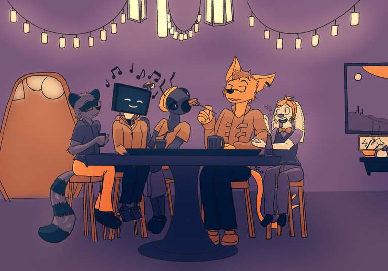 The characters from Midway all sitting around a table eating and looking happy