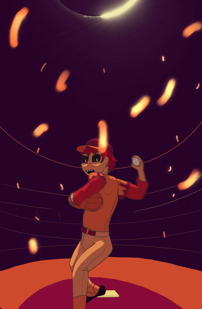 Blaseball player Greer Lott winding up for a pitch, surrounded by falling embers, under a solar eclipse