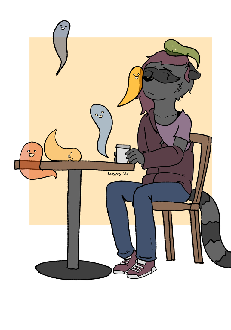 Elliot sitting at a table while spirits swarm to her